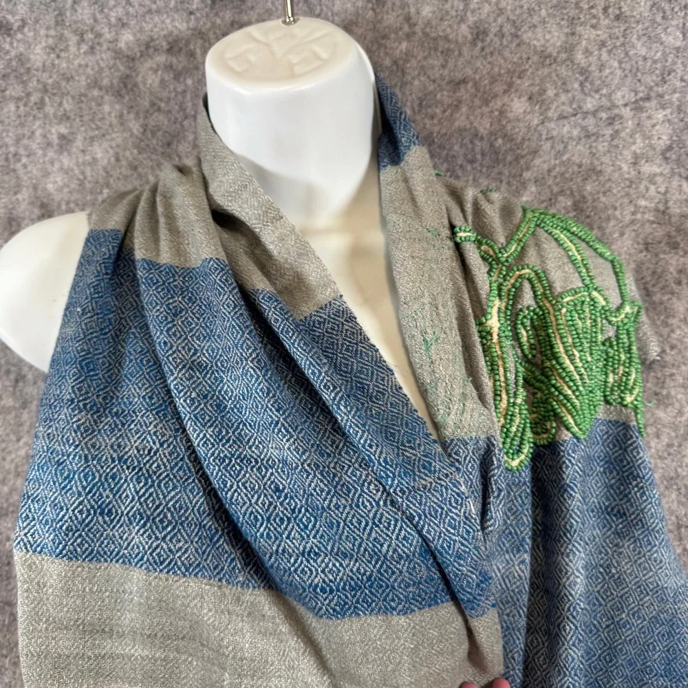 Noonday Collection Silk Scarf Handwoven Beaded Boho Blue Grey Artisan Festival